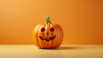 A Halloween pumpkin on a tan background.