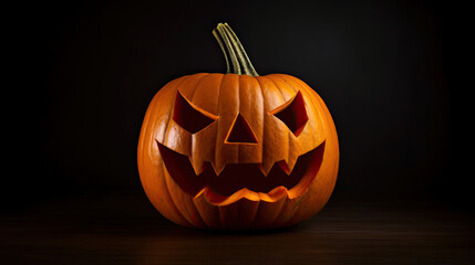 A Halloween pumpkin on a dark brown background.