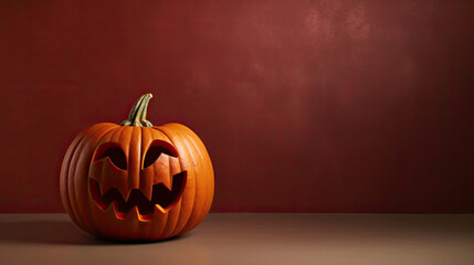A Halloween pumpkin on a dark maroon background.