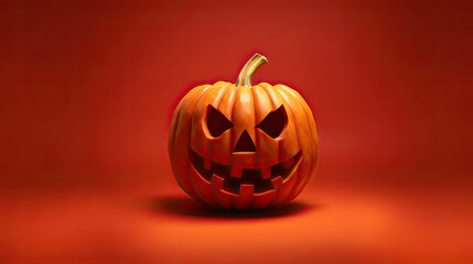 A Halloween pumpkin on a dark red background.