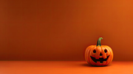 A Halloween pumpkin on a dark orange background.