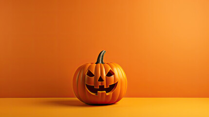 A Halloween pumpkin on a dark orange background.