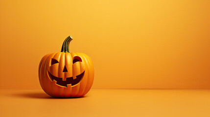 A Halloween pumpkin on a dark yellow background.