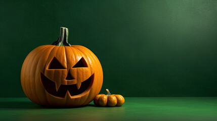 A Halloween pumpkin on a dark green background.