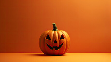 A Halloween pumpkin on a dark lime background.