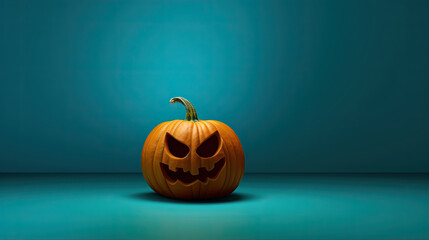 A Halloween pumpkin on a dark cyan background.