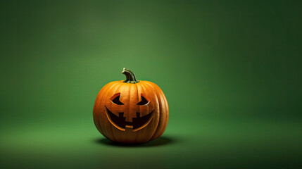 A Halloween pumpkin on a dark green background.