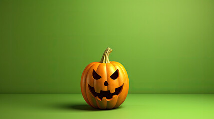A Halloween pumpkin on a light green background.