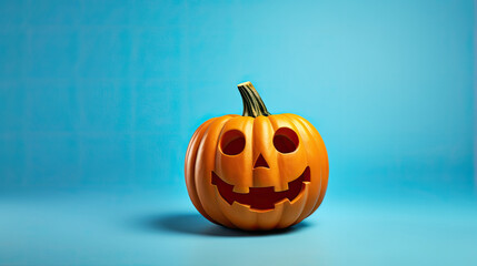 A Halloween pumpkin on a light blue background.