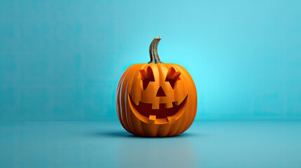 A Halloween pumpkin on a light cyan background.