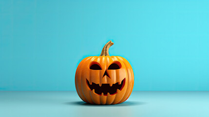 A Halloween pumpkin on a light blue background.