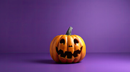A Halloween pumpkin on a light purple background.