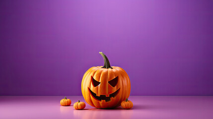 A Halloween pumpkin on a light purple background.