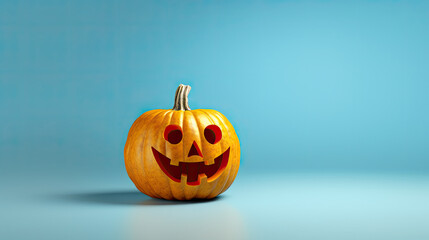 A Halloween pumpkin on a light blue background.