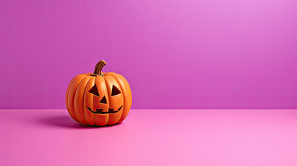 A Halloween pumpkin on a light magenta background.