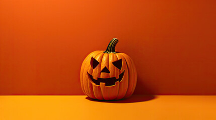 A Halloween pumpkin on a vivid brown background.
