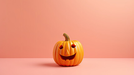 A Halloween pumpkin on a light pink background.