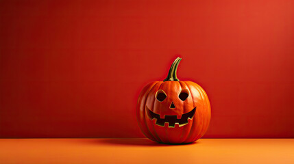 A Halloween pumpkin on a vivid red background.