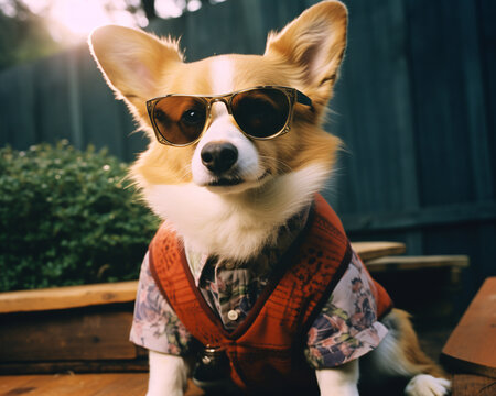 preppy corgi dog wearing sweater, dress shirt and expensive sunglasses