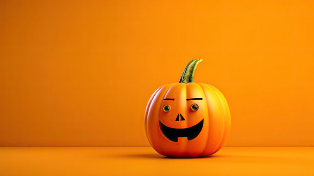 A Halloween pumpkin on a vivid orange background.