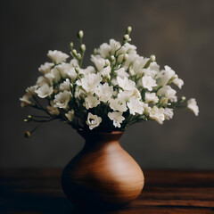 Bouquet of white freesia flowers in a vase on a wooden table, beautiful floral decoration, illustration, generative ai