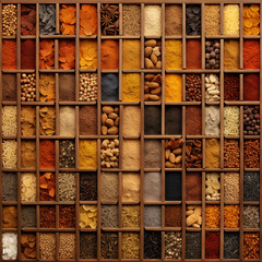 Collection of different aromatic spices and seeds in a wooden cells on black background, view from above. Generative AI