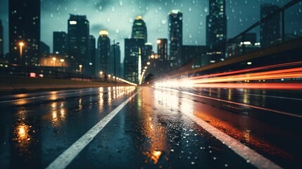 low angle view of a highway with city lights in the background,cold weather, created by Generative Ai technology.