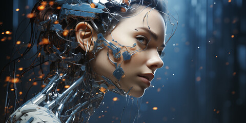 Translucent, sexy robot beautiful woman hybrid, photorealism, crystal night background, AI Generative