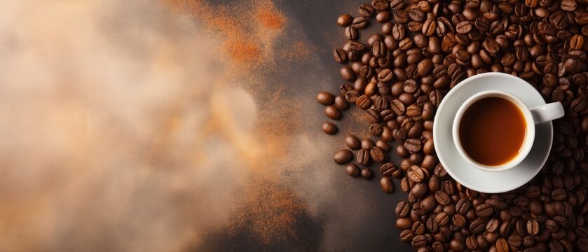 coffee beans background with copy space, roasted robusta arabica, ai generated