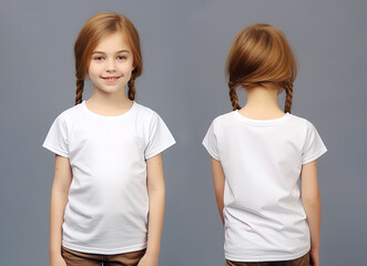 Front and back views of a little girl wearing a white T-shirt