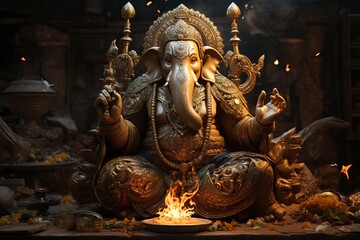 The lord Ganesha image with lit candles - obrazy, fototapety, plakaty
