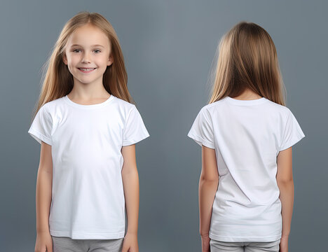 Front and back views of a little girl wearing a white T-shirt
