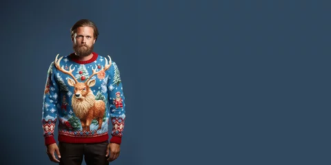 Rolgordijnen Ugly Christmas Sweater Day. Serious young man in knitted clothes with deer with large horns, blue background, banner, copy space © fadzeyeva