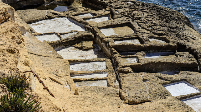 Salt pans at Xatt l- Ahmar, on the Mediterranean island of Gozo.