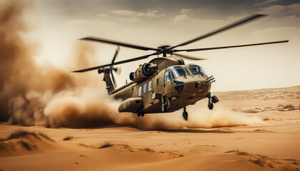 Peacekeepers' helicopter lands in the desert - obrazy, fototapety, plakaty
