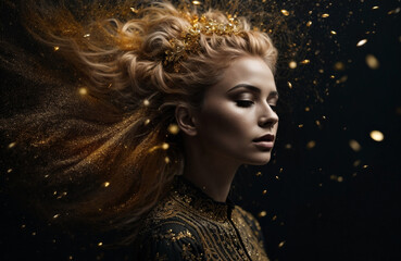 beautiful woman in profile with blonde hair and closed eyes on black background with golden particles