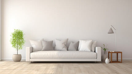 View of white living room in minimal style with sofa