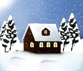 Naklejka premium winter christmas house and tree at night, background winter