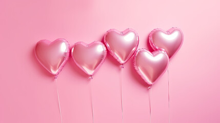 Pink heart shaped helium balloons on pink  background.  Valentine's Day party decoration. Valentines day celebration. Valentine's Day banner, copy space.