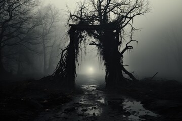 Naklejka premium Gate with crow background. scary cemetery gate. Generative AI