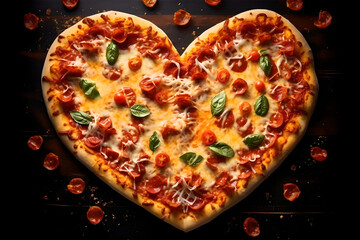 Heart shape pepperoni pizza with fresh basil on dark wooden background, top view. Romantic meal for date or Saint Valentines Day