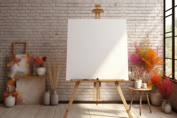 3D rendering of a room with an easel and canvas space