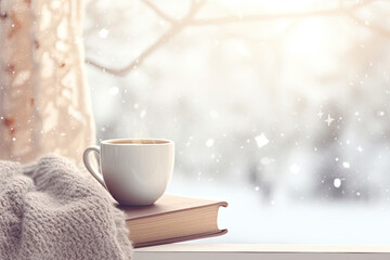 Obraz na płótnie Canvas cup of coffee on a windowsill with a book. cozy winter scene 
