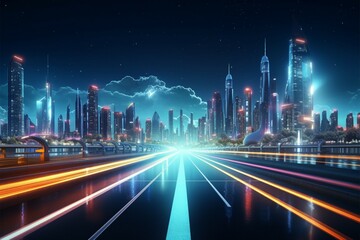 Fototapeta na wymiar A futuristic city aglow, with luminous highways in the dark