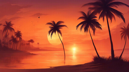 Sunset over the sea beach with palm trees in the shore.