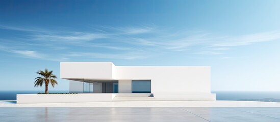 Minimalistic modern and geometric villa shaped like a rectangular block With copyspace for text - obrazy, fototapety, plakaty
