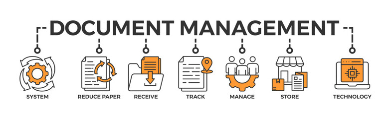 Document management banner web icon  with icon of system  reduce paper  receive  track  manage  store  cloud and technology