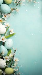 easter flat lay, colourful easter eggs decoration background, ai generated