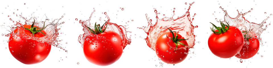 Collection of tomatoes with splashing water on white background - obrazy, fototapety, plakaty