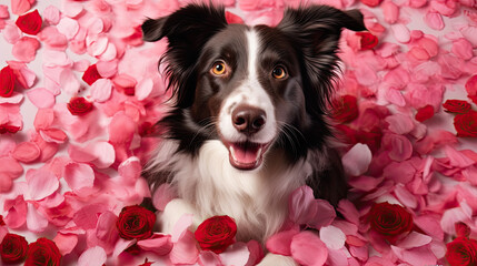 Border collie with rose flowers and petals around, Valentine's Day concept, Valentine dog 